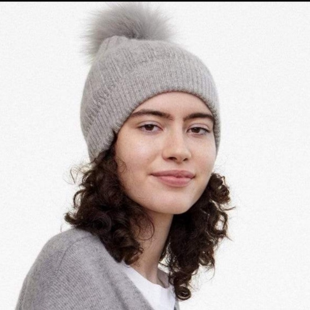 State Cashmere Gray 100% Cashmere Pom Pom Knit Beanie
